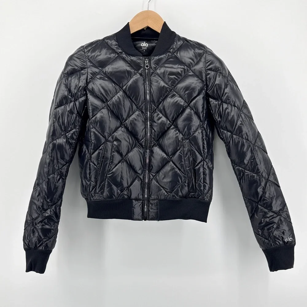 Alo Yoga Idol Bomber Workout Jacket‎ Black Down Filled Puffer Small EUC